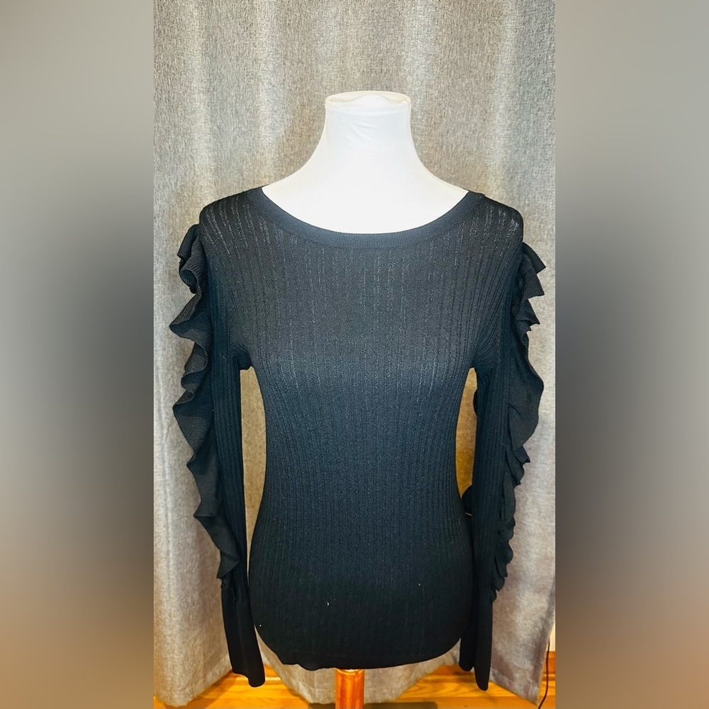 Express Black Ribbed Knit Ruffle Sleeve Top Size Small